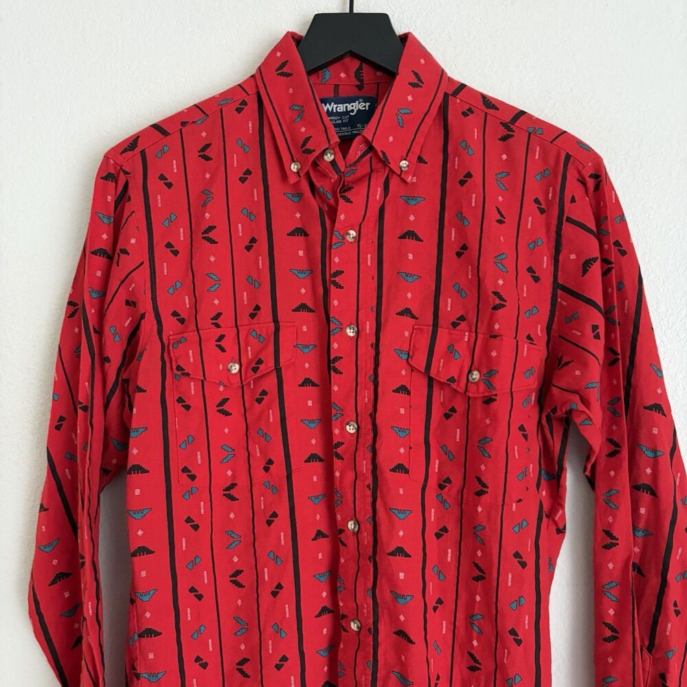 Vintage Wrangler Aztec Brushpopper Shirt Size 15 - 33 Cowboy Cut Red